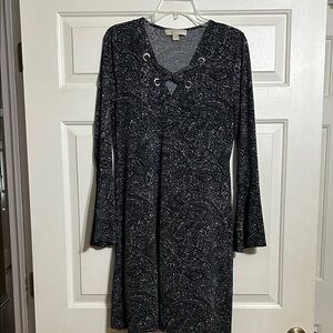Michael Kors Black Paisley Lace-Up V-Neck Long Sleeve Dress